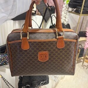 Celine Brown Monogram Canvas and Tan Leather Top-Handle Bag